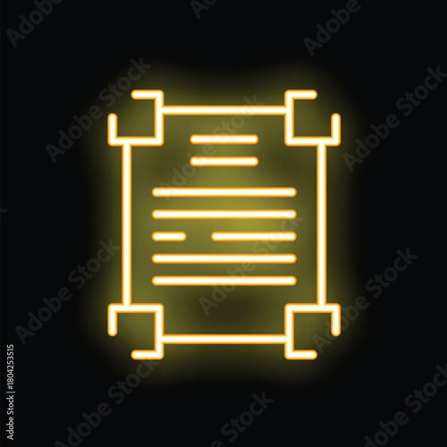 Bright yellow neon icon of a contract document is glowing on a black background