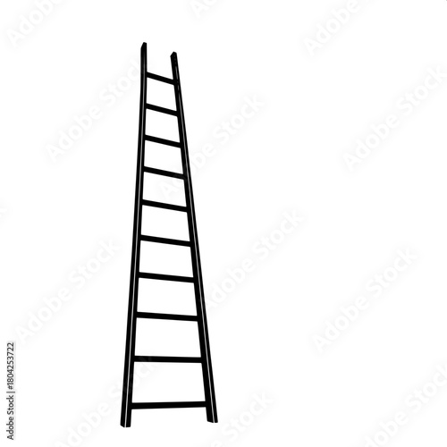 A clean vector illustration of a tall ladder in black silhouette form, leaning subtly forward with a slight inclination, set against a pure white background to create strong contrast, giving the image