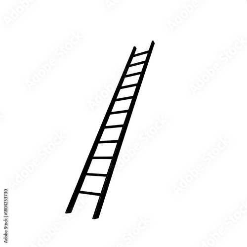 A clean vector illustration of a tall ladder in black silhouette form, leaning subtly forward with a slight inclination, set against a pure white background to create strong contrast, giving the image