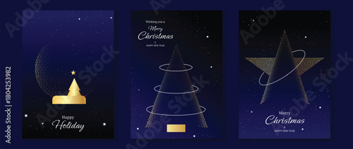 Christmas and Happy New Year greeting card vector set — navy blue and gold tree, candle and star elements, classic elegant theme for cards, posters and print use.