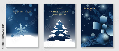 Christmas and Happy New Year greeting card vector set — dark blue winter forest with snowflakes and glowing lights, peaceful night theme for cards, posters and prints.