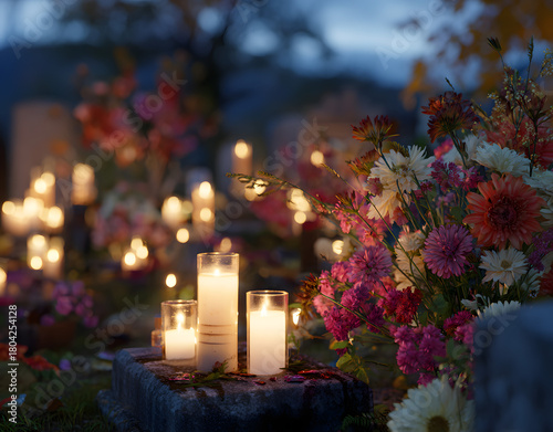Serene cemetery adorned with vibrant flowers and glowing candles, creating peaceful atmosphere for remembrance on All Souls Day. soft light enhances beauty of surroundings