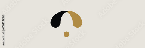 Abstract design with black and gold teardrop shapes and a small circle on a beige background shown centered