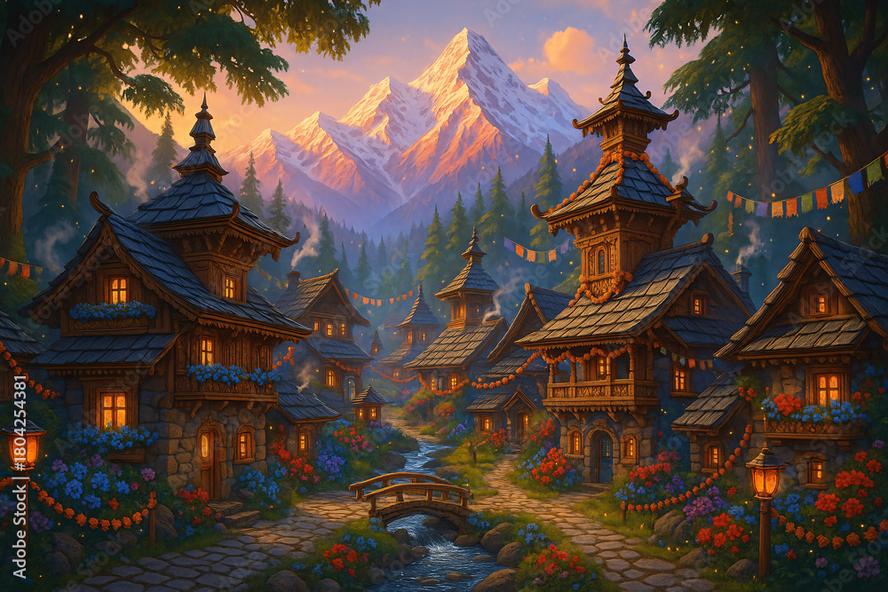 Obraz premium Magical Himalayan Riverside Village with Wooden Cottages and Festival Lights – Fairytale Fantasy Art