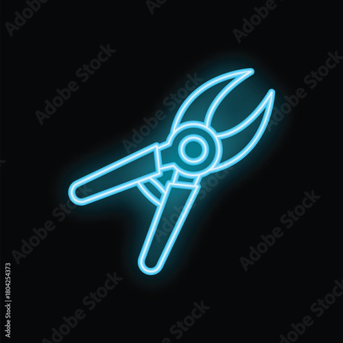 Glowing blue neon icon of secateurs illustrating gardening concept on black background