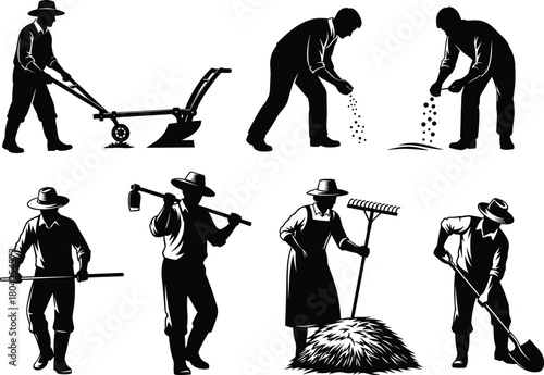 Vintage farming people working with traditional tools, agriculture laborers plowing, seeding, raking, harvesting, countryside rural life vector illustration silhouette art