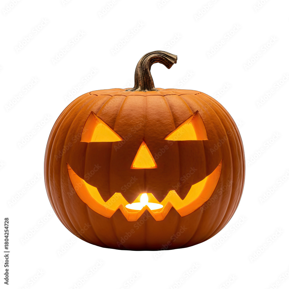 Fototapeta premium A Glowing Jackolantern Halloween Pumpkin With a Carved Scary Face and Candle Light Inside on a Black Background with a Transparent Background Layer