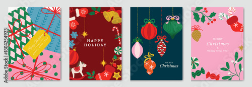 Christmas and Happy New Year greeting card vector set — colorful ornaments, berries and festive decorations with playful layout, festive theme for cards, posters and packaging.