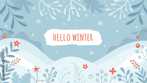 Elegant frosted leafy branches adorned with delicate glowing snowflakes creating a serene and magical winter scene perfect for festive designs