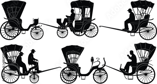 Vintage rickshaw silhouette collection vector illustration, classic human-powered carriage transport set, traditional Asian travel design for antique retro artwork and decoration