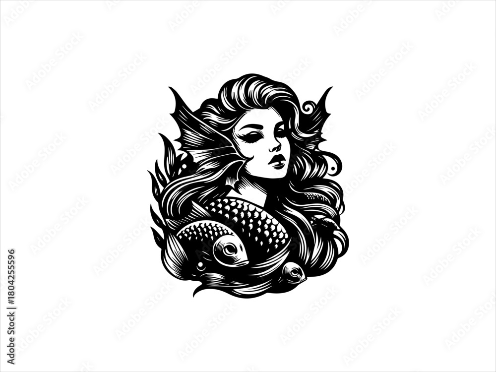 Obraz premium Mermaid silhouette rendered as a clean black vector emblem. Logo design concept