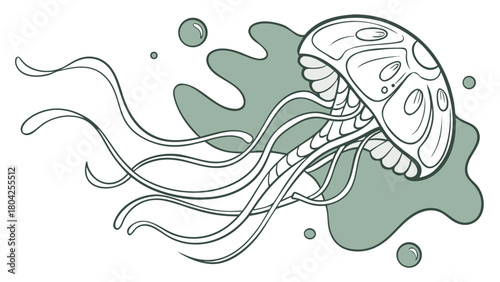 Stylized jellyfish with long tentacles floating near bubbles and a splash of muted green color vreated with genrated ai