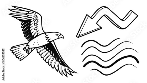 Illustration of a flying eagle with spread wings next to a wavy arrow and curved lines art vreated with genrated ai
