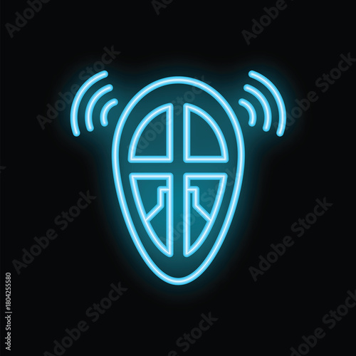 Blue neon icon of a gps tracker sending a signal on a black background