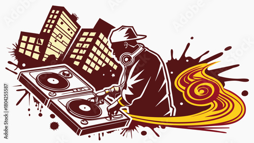 Silhouette of a dj with turntables in front of city buildings and abstract design elements around him vreated with genrated ai