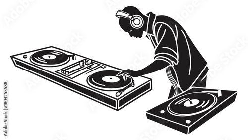 Illustration of a dj with headphones using two turntables to mix music in a monochrome design style vreated with genrated ai