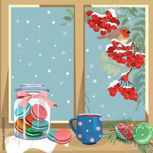 Winter window with a rowan tree view, a cup of coffee and cookies, and Christmas balls on the windowsill.