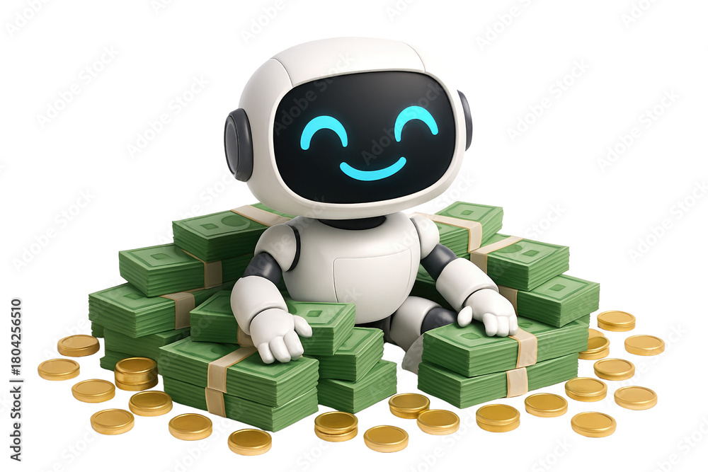 Fototapeta premium Cheerful robot sitting on a large pile of cash and gold coins with a happy expression money isolated on a transparent background