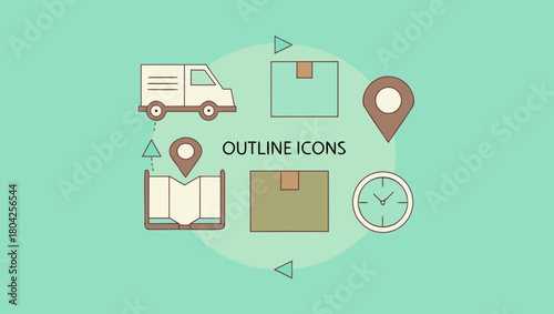Delivery service outline icons with van, boxes, map, location pin, and clock
