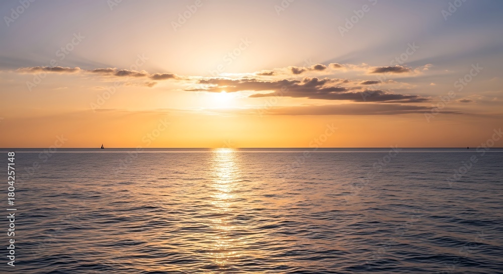 Obraz premium Golden Sunset Over Calm Ocean Waters with Reflective Sunlight.