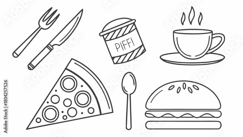 Line art illustration of various food items isolated on