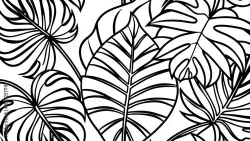 Seamless pattern isolated on with tropical leaf outlines