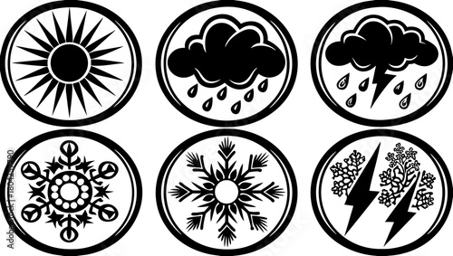 Weather icons showing sun, cloud, rain, snow, and lightning isolated on