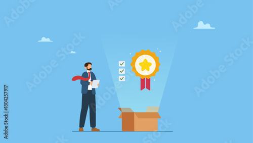 Businessman check quality with passed checklist. Quality Control, QC to check quality and giving certified or approval, process to assure excellence product and service delivery, guarantee.