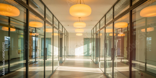 Blurred office hallway with glass walls and neutral colors creates a sense of space. Professional photos for backgrounds for text, banners, posters, meeting, 