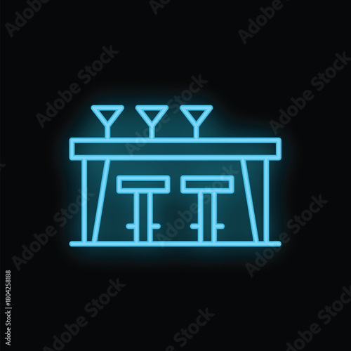Blue neon icon of a bar table with stools and cocktail glasses on top, representing nightlife and entertainment