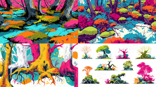 Vivid fantasy forest scenes with tree roots, moss, water pools, and colorful vegetation, creating lush magical landscapes with strong artistic detail.