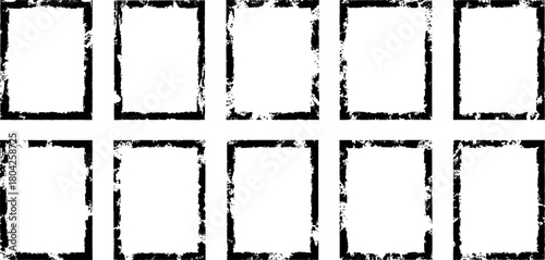 Set of ten distressed rectangular frames with rough textured borders on a white background