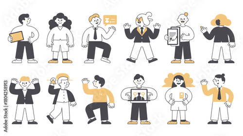 Diverse group of cartoon people holding various objects and documents