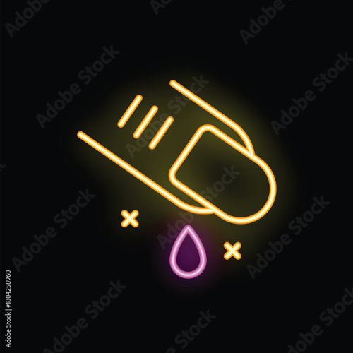 Neon medical icon of a bleeding finger with a drop of blood dripping, ideal for healthcare topics