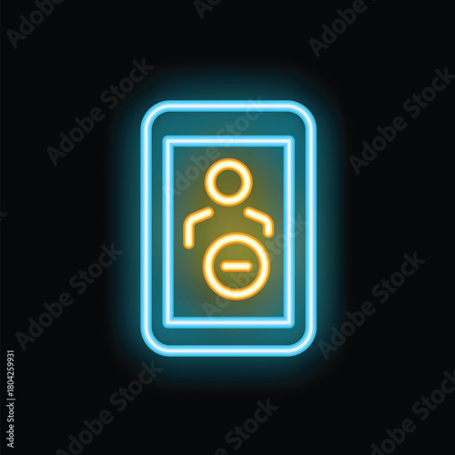 Bright glowing neon icon of a smartphone displaying a user profile with a minus sign for removing a contact