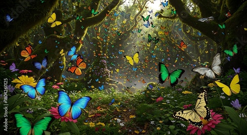 A magical forest scene teeming with countless colorful butterflies fluttering among vibrant wildflowers and lush green foliage.