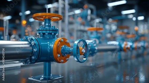 Aligned blue industrial pipes, valves shown. Plumbing system with orange flanges. Pipes conduct fluids in factory workshop. Metal pipeline transmits water for industrial process. Construction,