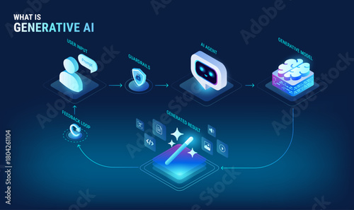 How Generative AI Works infographics - workflow diagram showing user input, guardrails checks, AI generative model, final output with feedback loop. Isometric vector for technology presentations