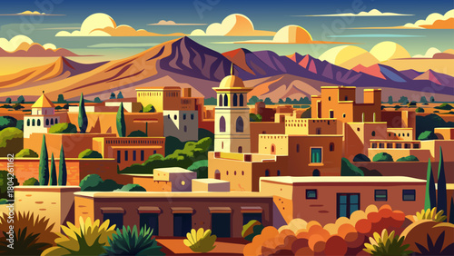 Very beautiful downtown Santa Fe skyline, New Mexico, featuring low-rise adobe-style buildings, distant mountains, and warm southwestern light under a clear sky, capturing the city’s unique architectu