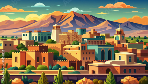 Very beautiful downtown Santa Fe skyline, New Mexico, featuring low-rise adobe-style buildings, distant mountains, and warm southwestern light under a clear sky, capturing the city’s unique architectu