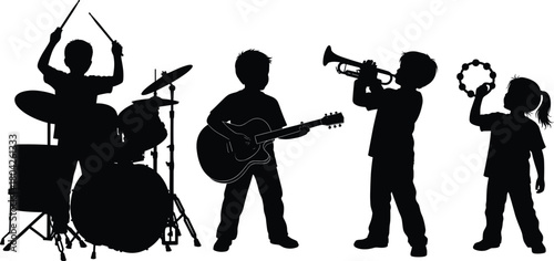 Silhouette of children playing musical instruments together, kids with drums guitar trumpet and tambourine, vector illustration showing teamwork creativity and music performance