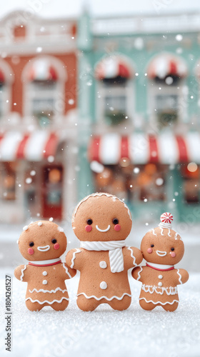 Gingerbread cookies stand cheerfully in snow, embodying spirit of Christmas with their delightful smiles and festive decorations. Their charming presence adds warmth to winter scene