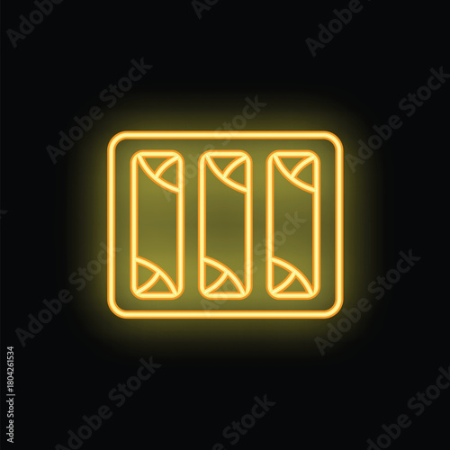 Yellow neon sign of three spring rolls is glowing on a black background