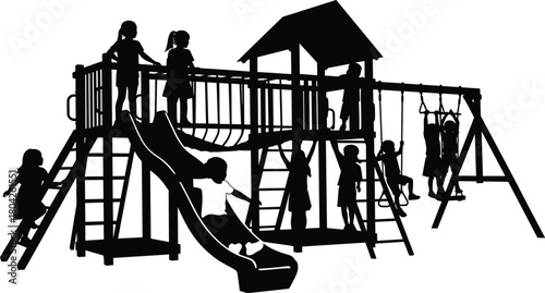 Silhouette of children playing on playground slide and swings, outdoor park recreation with happy kids activity, fun childhood vector illustration design