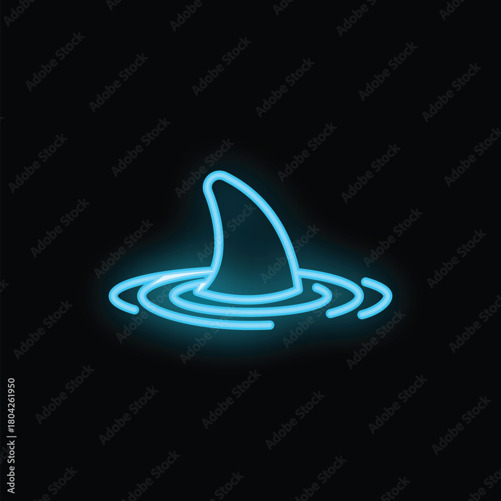 Fototapeta premium Blue neon sign of a shark fin circling on a dark background