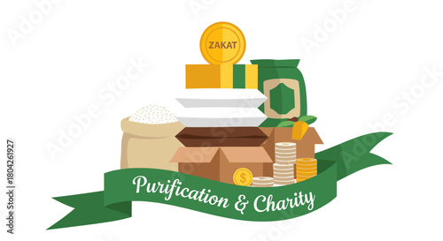 A vibrant flat vector illustration depicts the Islamic concept of Zakat, showcasing essential elements of charity and purification for community welfare.