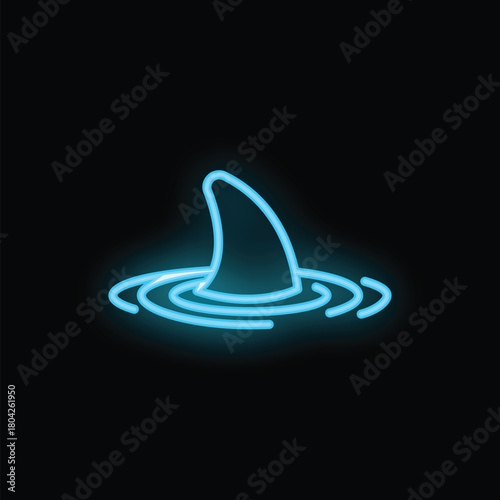 Blue neon sign of a shark fin circling on a dark background