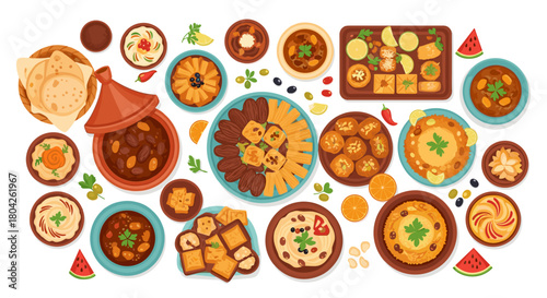 A vibrant flat lay illustration showcasing a delicious and diverse spread of traditional Middle Eastern and Mediterranean dishes, perfect for cultural culinary themes.