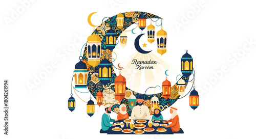 A vibrant illustration depicts a Muslim family sharing a festive iftar meal under an ornate crescent moon adorned with glowing traditional lanterns, embodying the spirit of Ramadan.