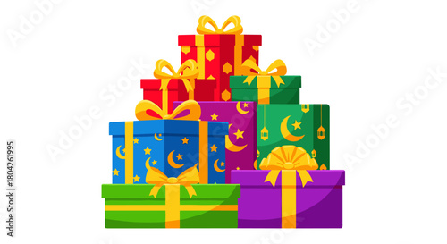 A vibrant stack of beautifully wrapped gift boxes with festive ribbons and crescent moon patterns, perfect for holiday celebrations and special occasions.